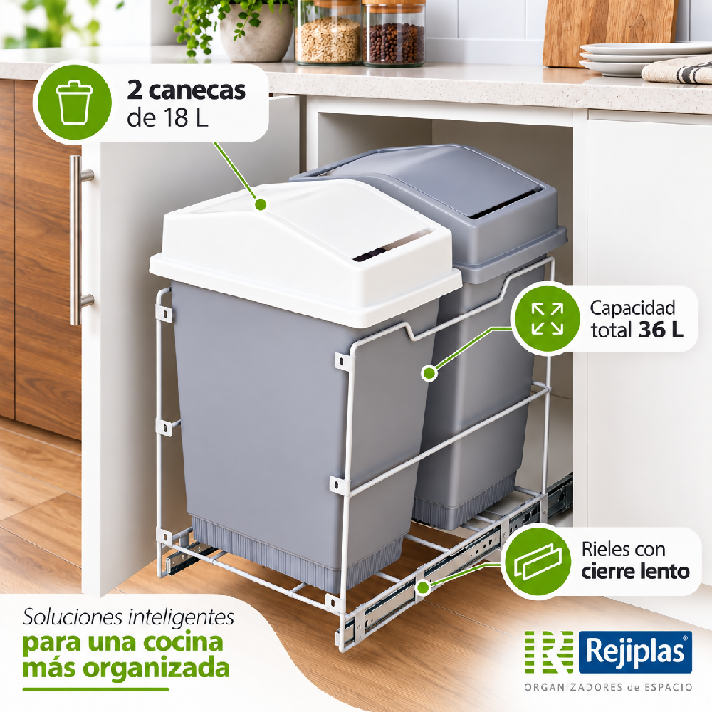 Basurera Doble Extraible 36 L para Cocina Módulo 40 cm Blanco Rejiplas