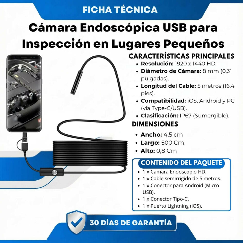 Cámara Endoscópica USB para Inspección en Lugares Pequeños