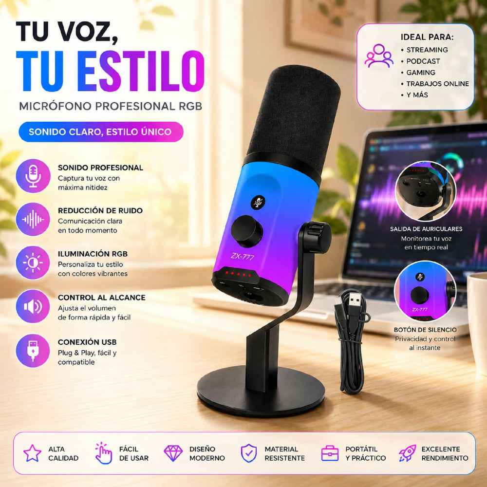 Micrófono De Escritorio Con Luces RGB Y Salida Dual USB/XLR Professional
