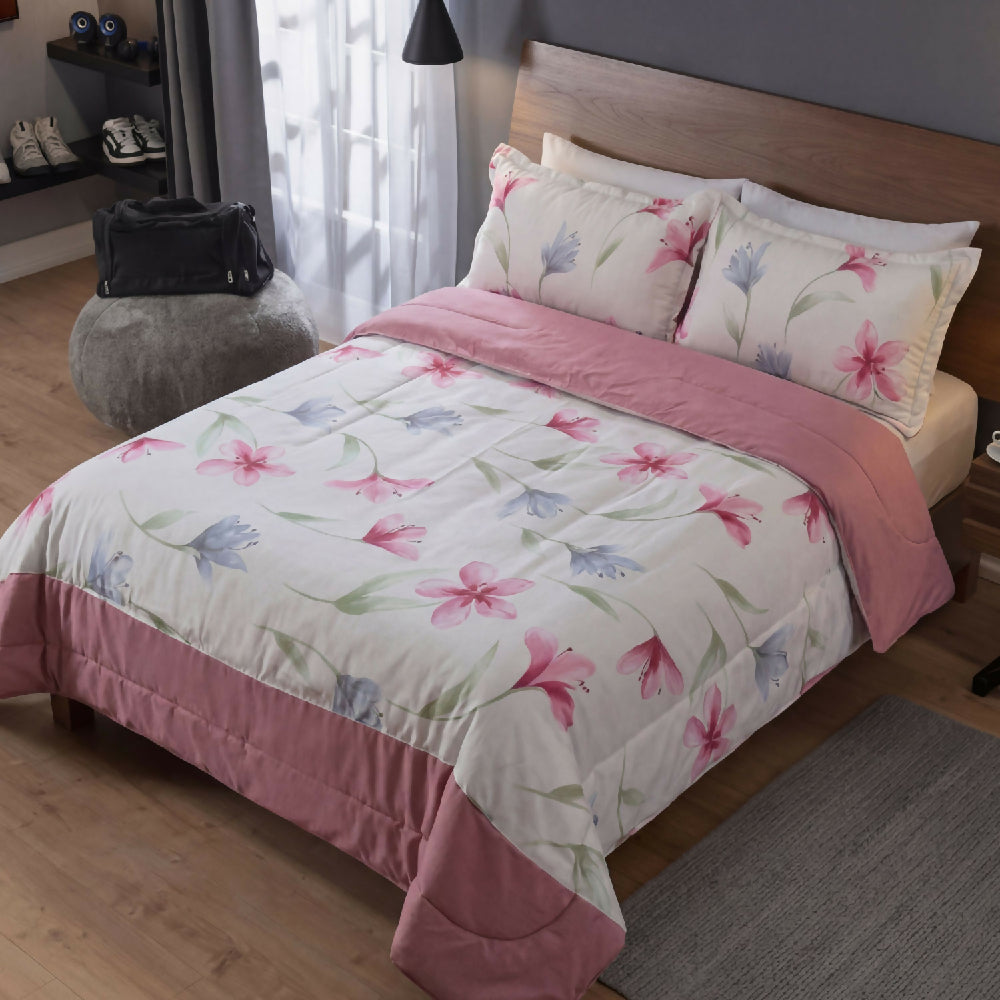 Funda Duvet Estampado Lirios Rosados Doble + Sábana Plana