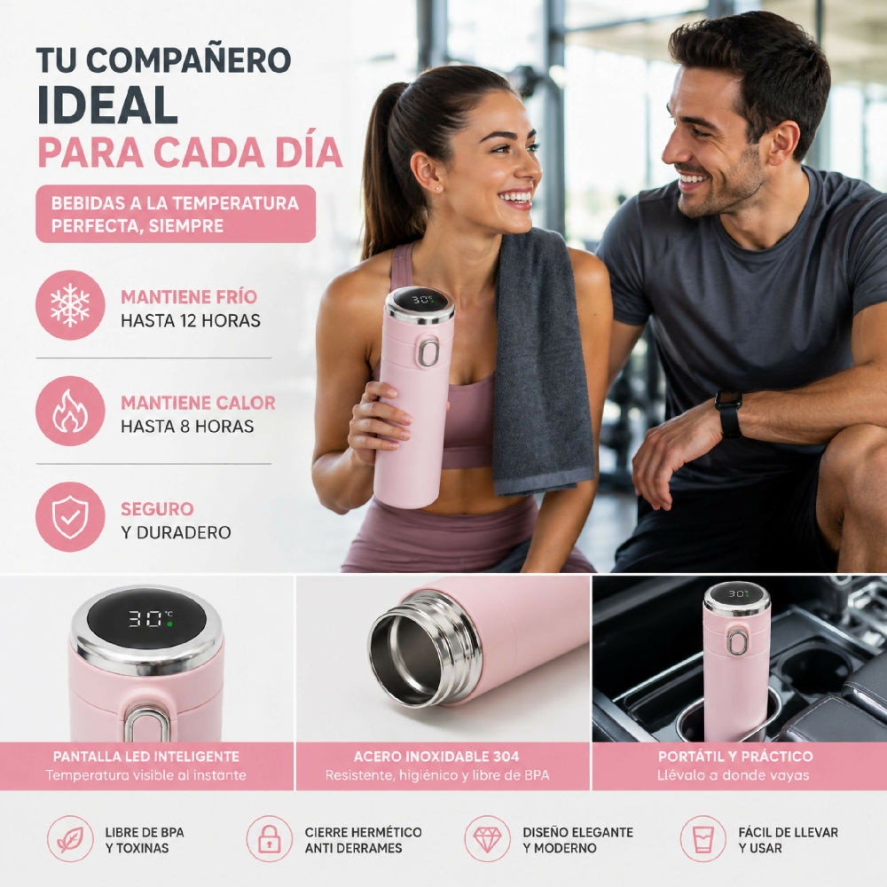 Termo Rosado Digital Inteligente Acero Inoxidable Con Pantalla Sensor