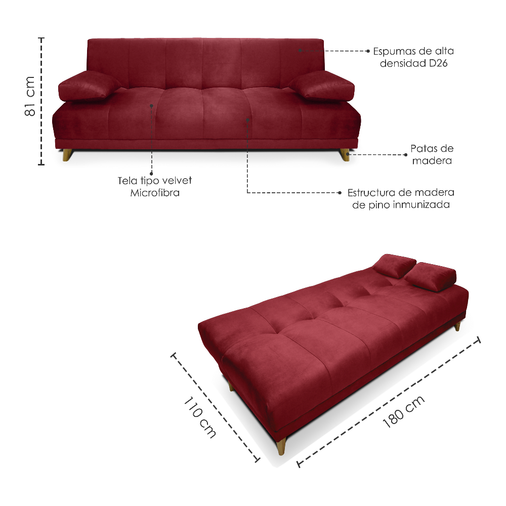 Sofa cama 3 posiciones Sabath Tela Rojo