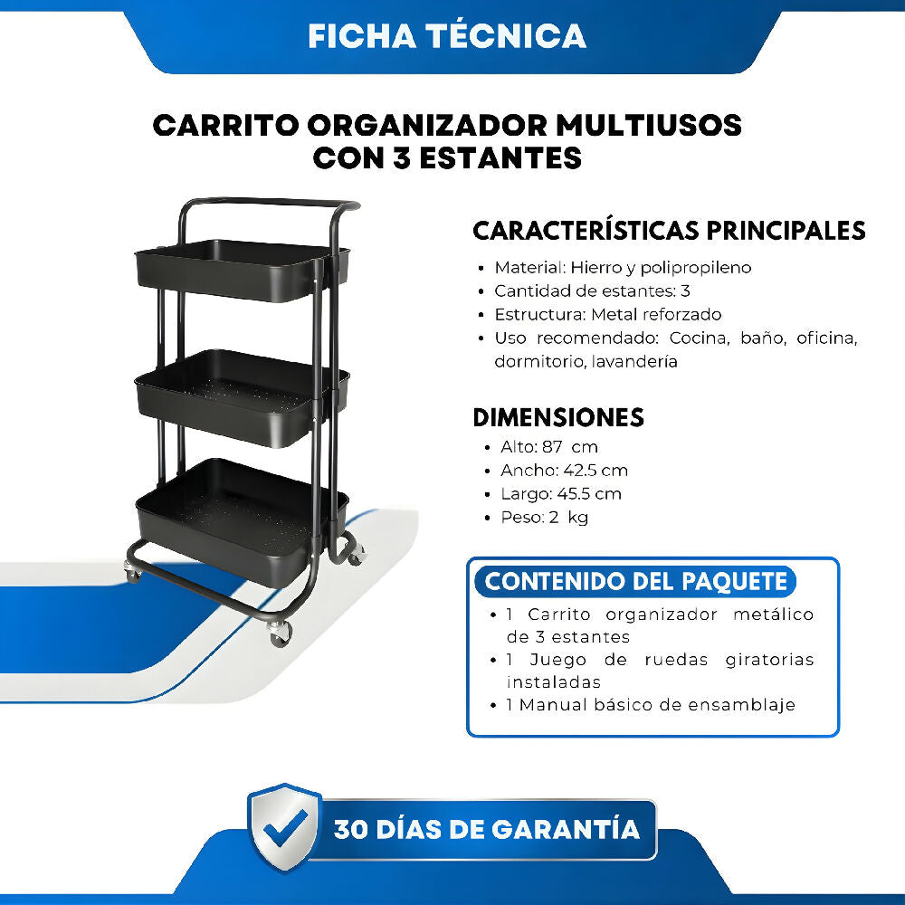 Carrito Organizador Multiusos Negro Con 3 Estantes Organizador Práctico Para Cocina, Oficina Y Espacios Pequeños