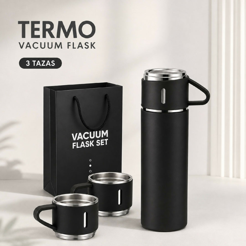 Termo De Acero Inoxidable Vacuum Flask 500ml Con 3 Tazas Vasos Incluidos Negro