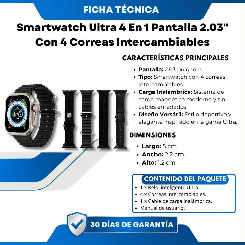 Smartwatch Ultra 4 En 1 Pantalla 2.03" Con 4 Correas Intercambiables