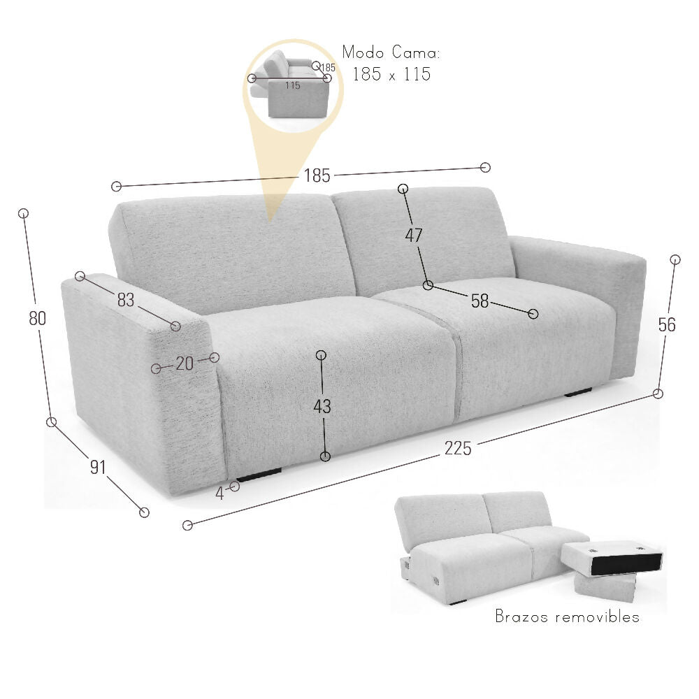 Sofa Cama Boston 225x91x80 cm Con Brazos Removibles Tela Beige