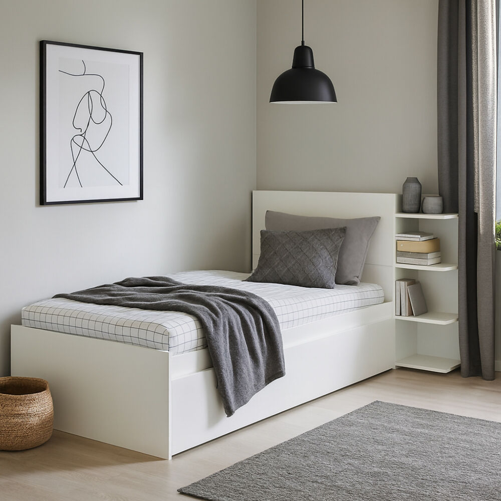 Cama Nido Multifuncional Gea Blanca Con Estantes Laterales Y Cabecero Con Almacenamiento