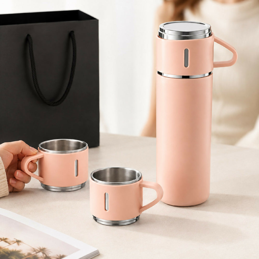 Termo De Acero Inoxidable Vacuum Flask 500ml Con 3 Tazas Vasos Incluidos Rosado