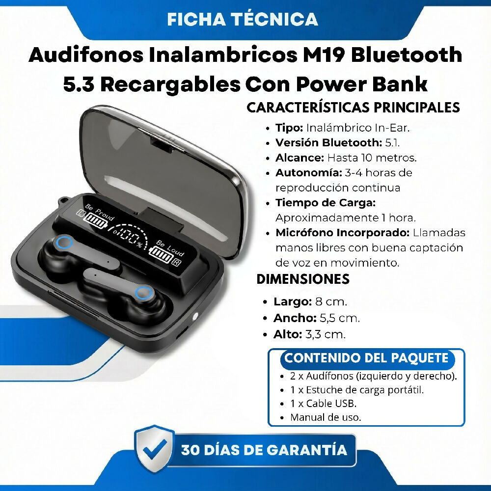 Audifonos Inalambricos M19 Bluetooth 5.3 Recargables Con Power Bank
