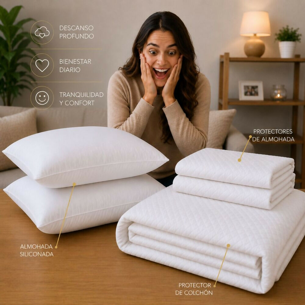 Combo protector colchon + 2 almohadas siliconadas queen blanco