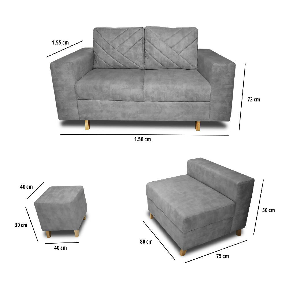 Sala Amsterdam + Silla + Puff en Tela Amigable Con Mascotas 150X72X155 Cm Gris