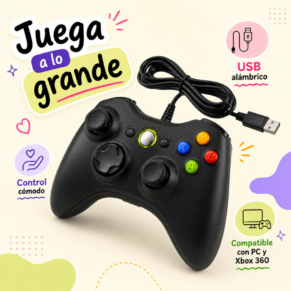 Control Alámbrico Para Xbox 360 Y PC Gamepad Con Conexión USB