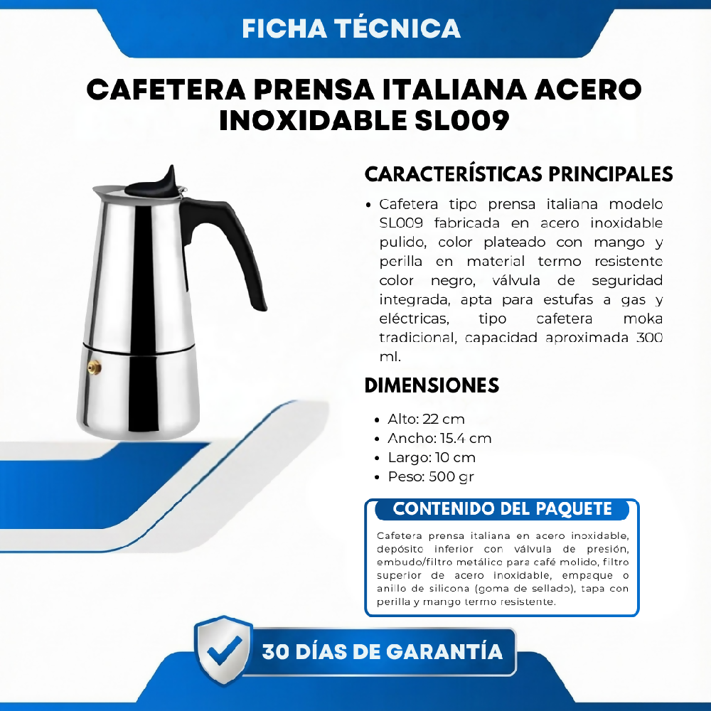 Cafetera Prensa Italiana Acero Inoxidable SL009 Diseño En Acero Inoxidable