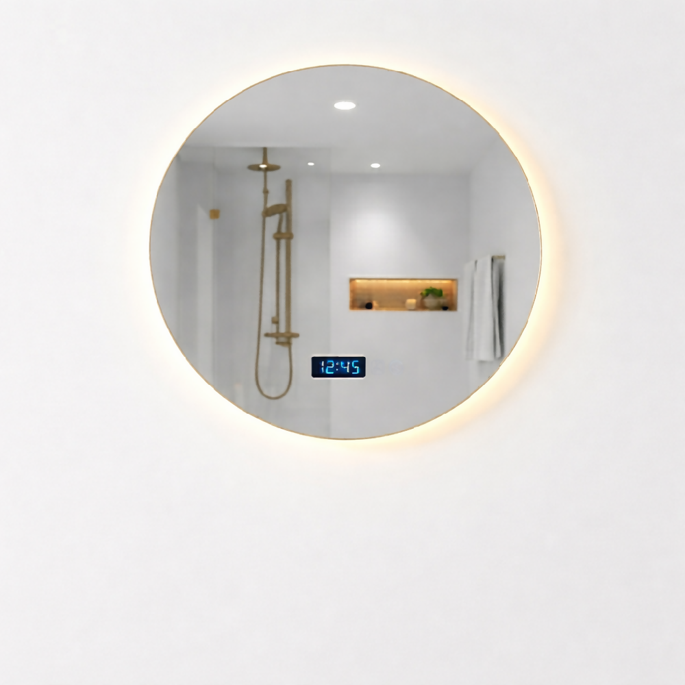 Espejo Led Redondo con sistema antiempañante y reloj digital 80x80 sin marco