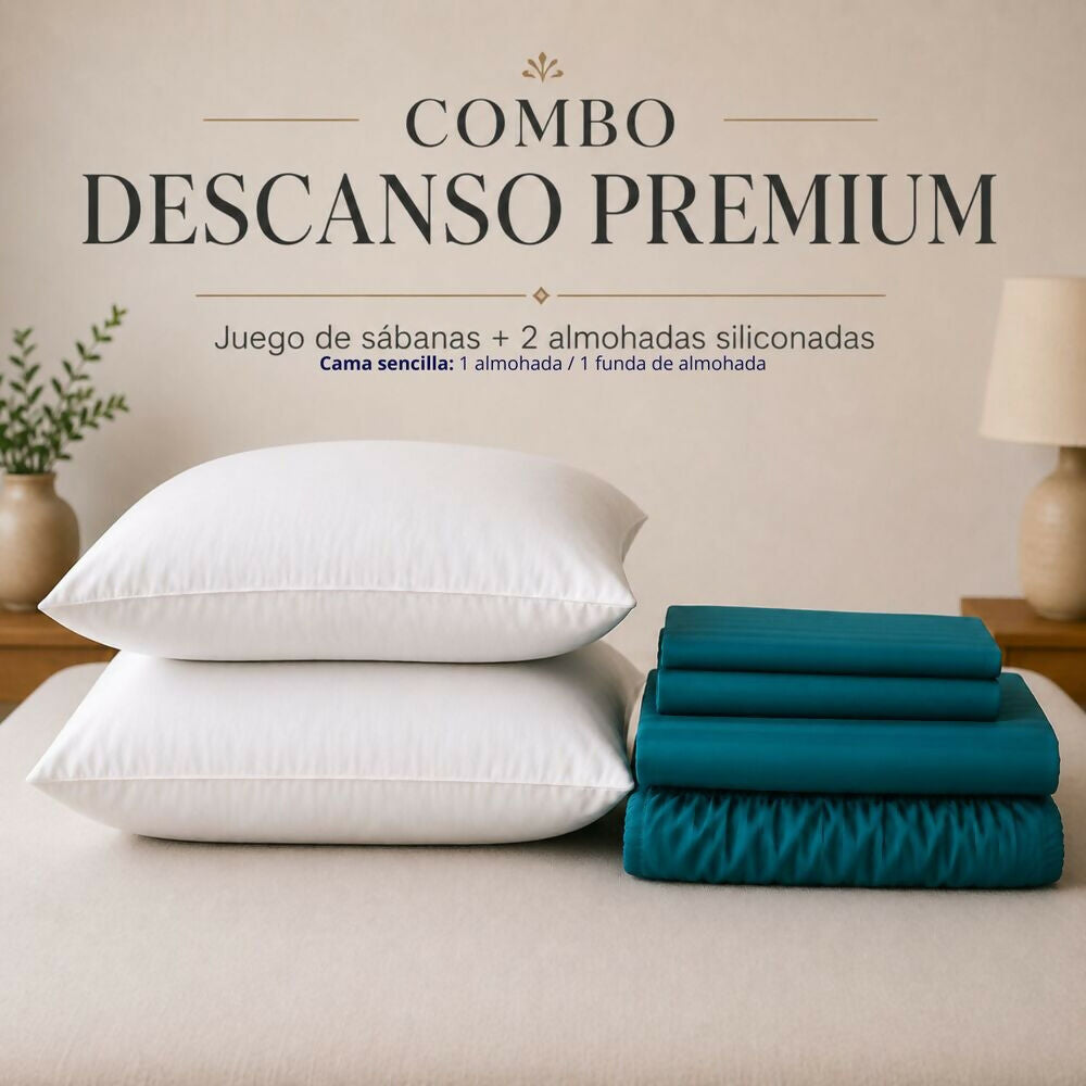 Combo Juego de sábanas + 2 almohadas siliconadas queen turquesa