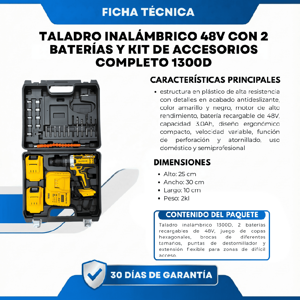 Taladro Percutor Inalámbrico 48V Con 2 Baterías Y Kit De Accesorios 1300D
