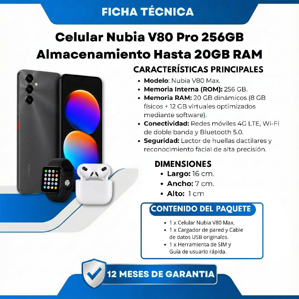 Celular Nubia V80 Max 256GB 20GB RAM Negro + Audífonos Y Reloj Obsequio
