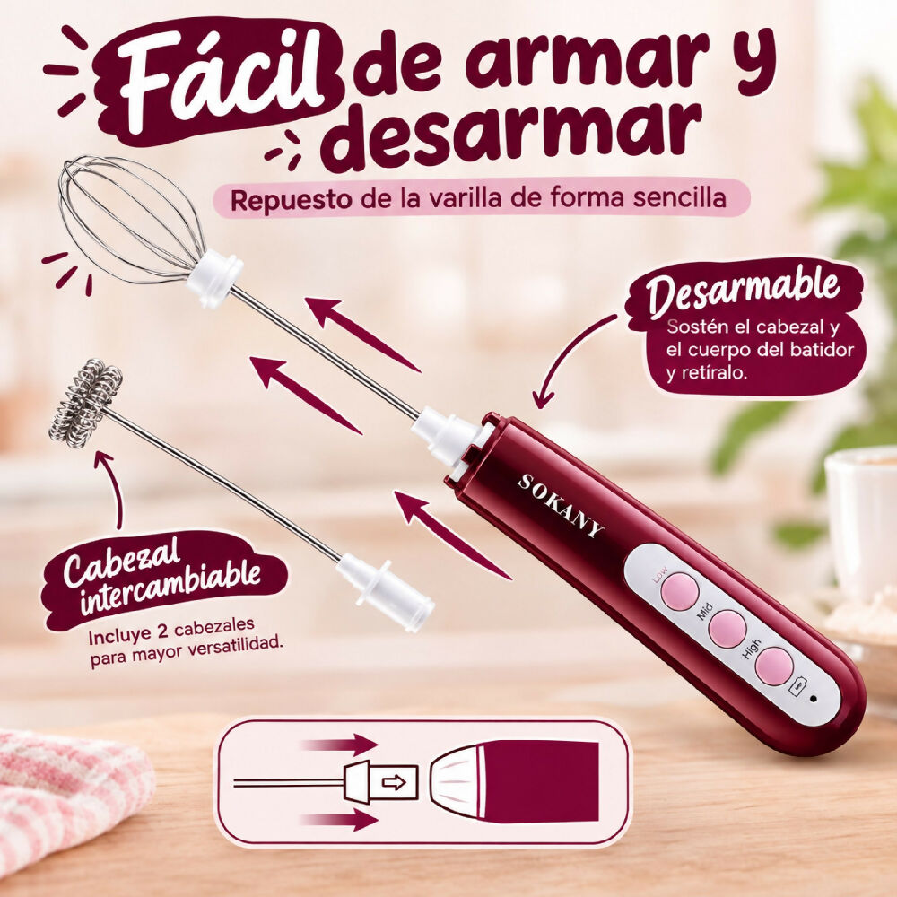 Minibatidora Portátil Recargable Sokany SK-02014 Con Accesorios Rojo