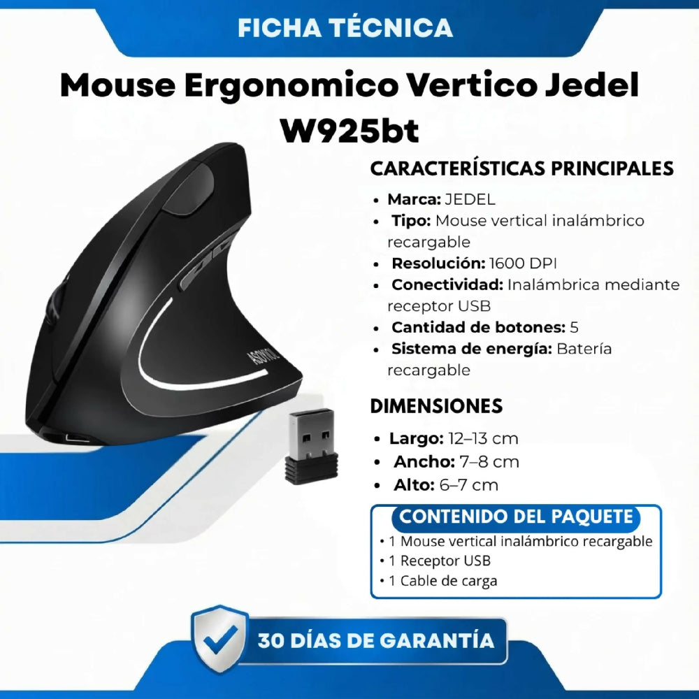 Mouse Ergonómico Vertical Jedel W925BT Inalámbrico Con Conexión Bluetooth
