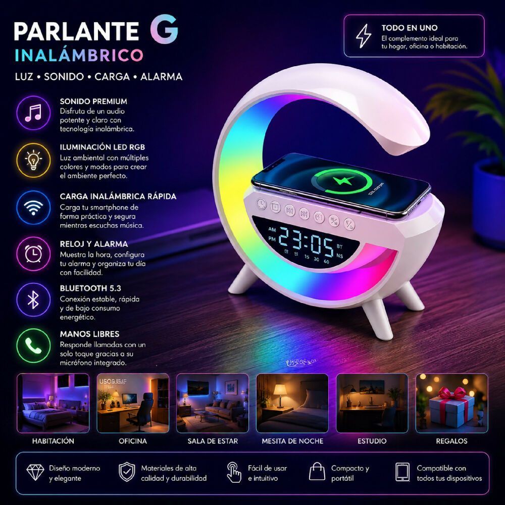 Parlante Bluetooth Lámpara En G Con Carga + Obsequio Audífonos M25
