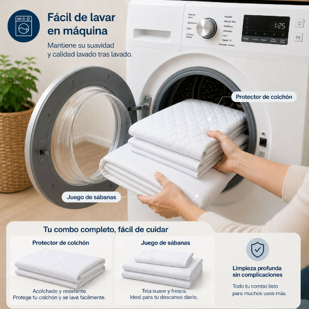 Combo protector colchon + Juego de sábanas queen blanco