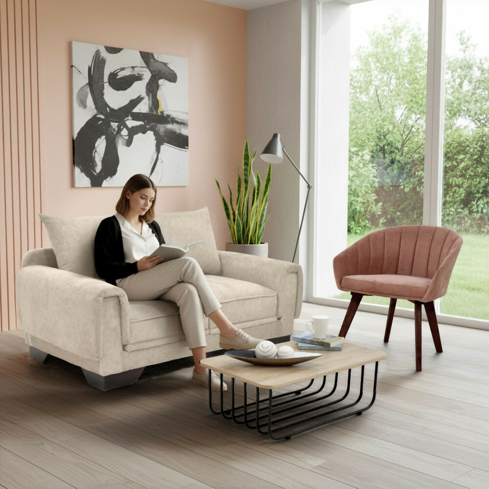 Set de Sala con Sofa Daytona 2 Puestos Tela Beige con Poltrona Shanghai Tela Salmon y Mesa Centro Lema