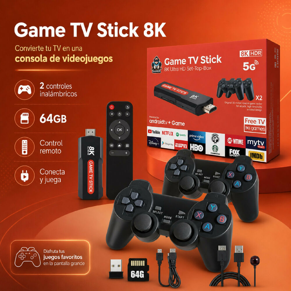 Consola Game Tv Stick Con 10000 Juegos Retro Incluidos Y Dos Controles Inalámbricos Para Televisor