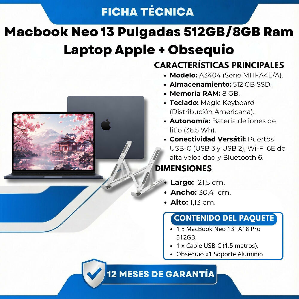 Macbook Neo 13 Pulgadas 512GB/8GB Ram Laptop Apple De Gran Almacenamiento Negro + Obsequio