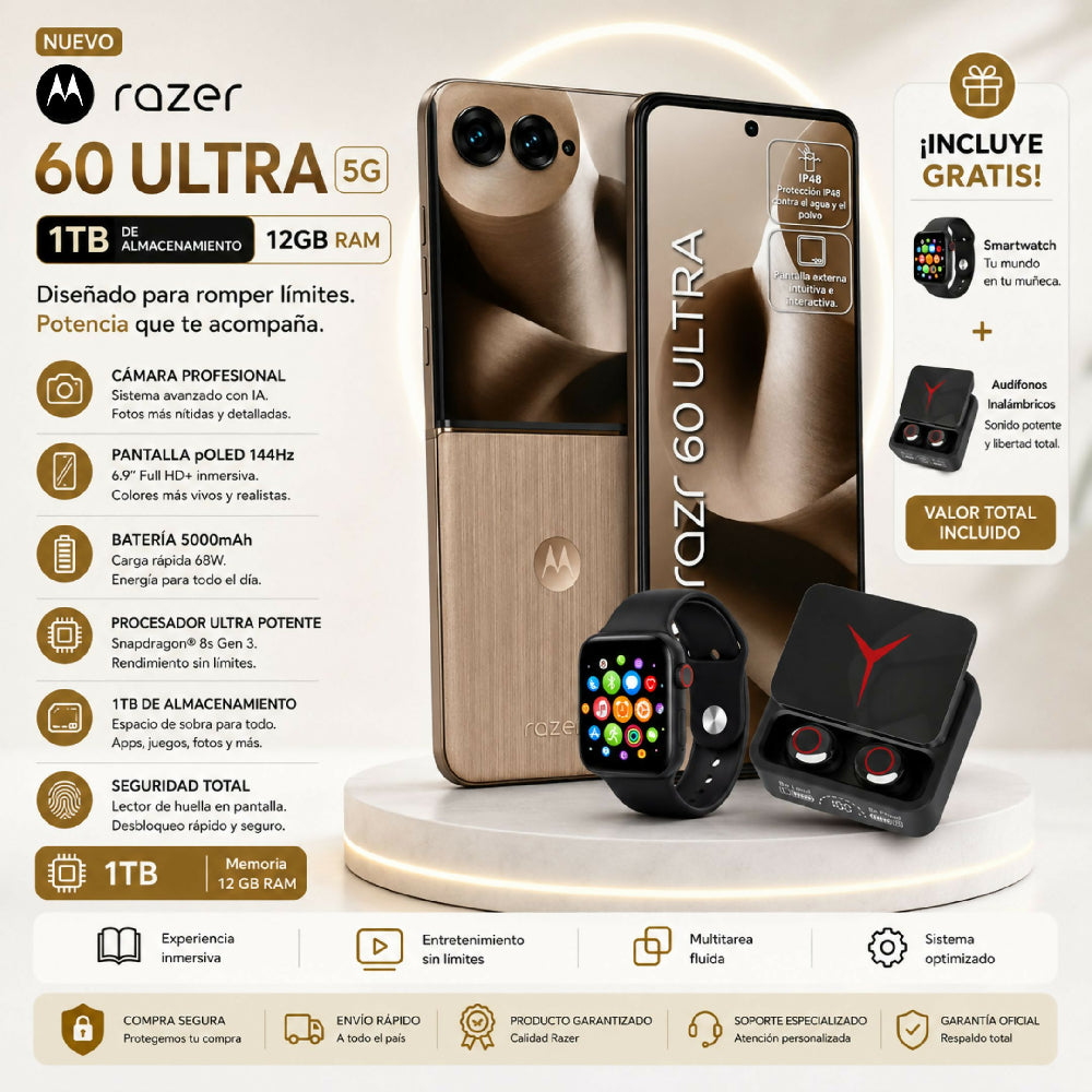 Teléfono Motorola Razr 60 Ultra 1TB Marrón + Kit Regalo Reloj Inteligente Y Audífonos