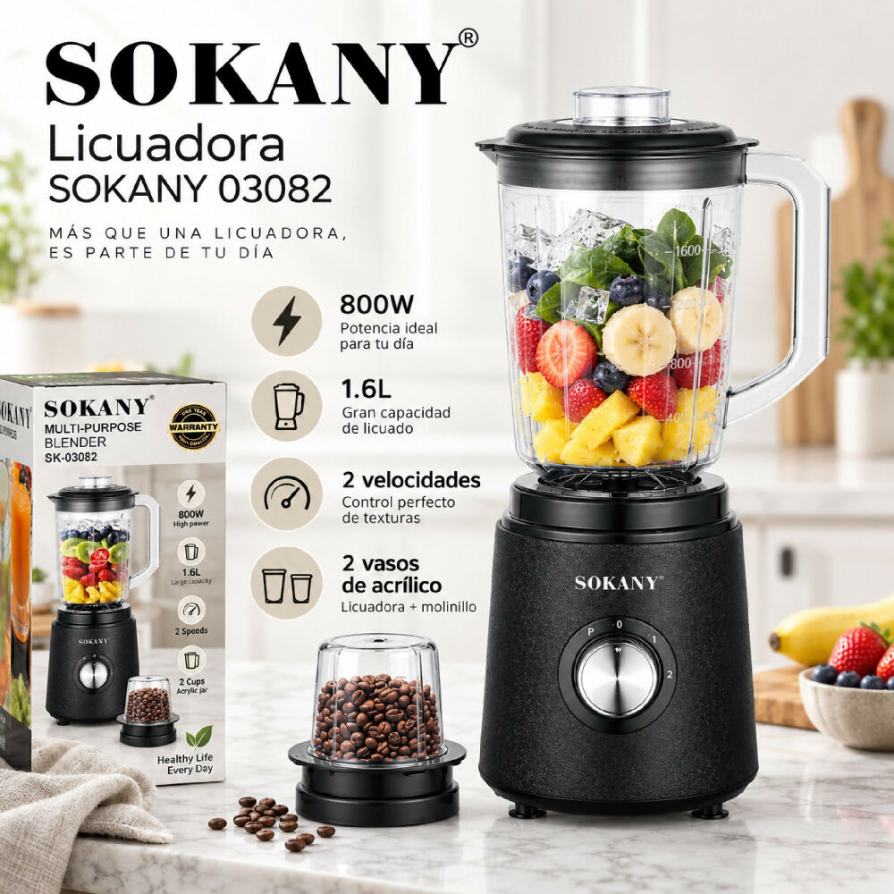 Licuadora Vaso De Alimentos Sokany 2 En 1 SK-03082 Alta Potencia Bebida 1,6L