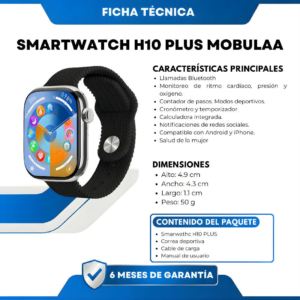 Smartwatch H10 Plus Mobulaa Bluetooth Reloj Inteligente Deportivo Con Frecuencia Cardíaca, Notificaciones Y Batería Duradera