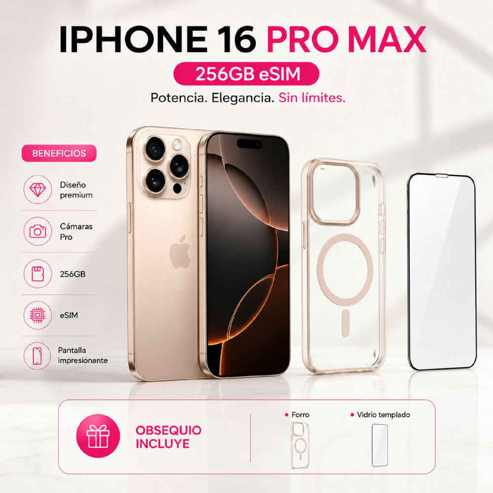 Celular Apple IPhone 16 Pro Max 256gb ESim + Obsequio Vidrio Templado Y Forro Dorado