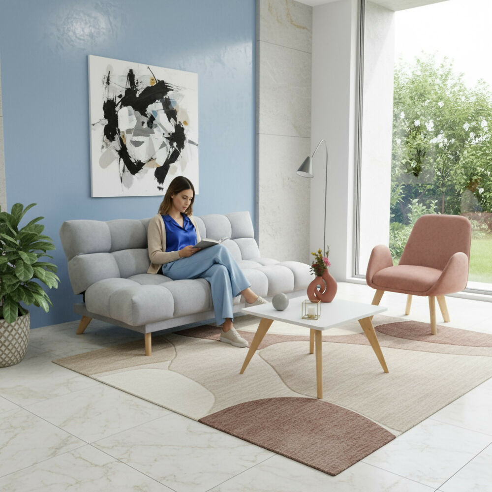 Sala Con Sofa Cama Nubo Plata + Poltrona Sibu Salmon Y Mesa de Centro Nova