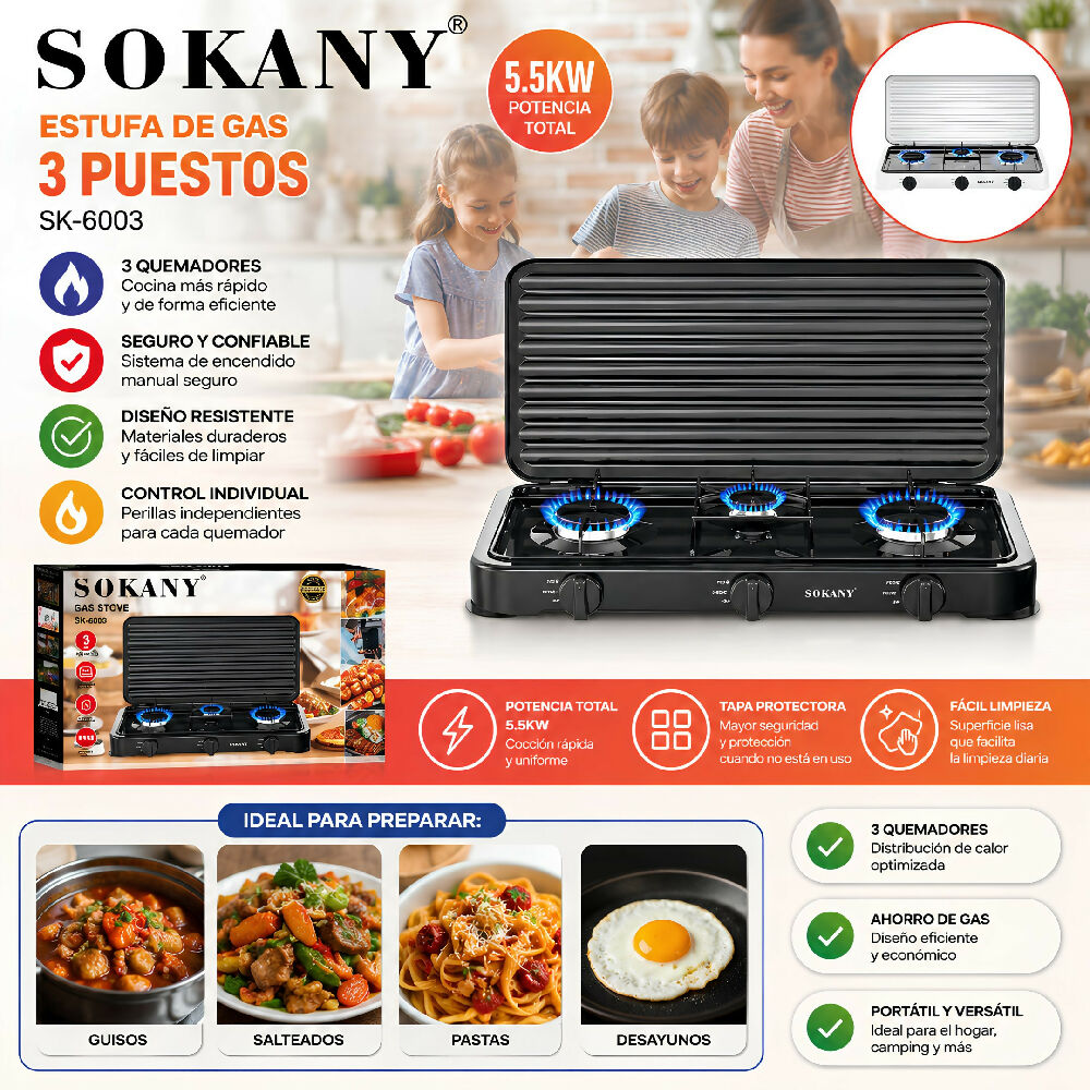 Estufa Eléctrica 3 Puestos Sokany SK-6003 Hornilla Triple De Mesa