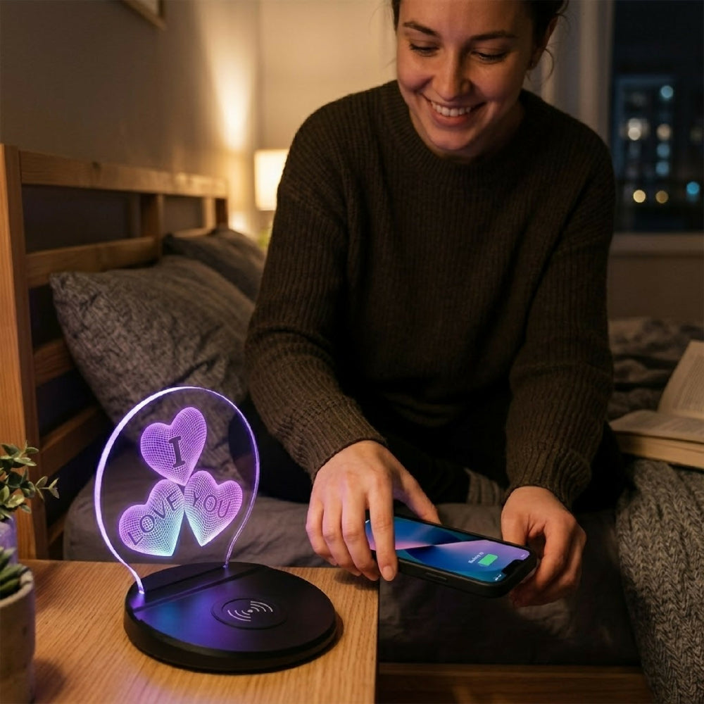 Lámpara Led Corazón 3D Con Carga Inalámbrica Rápida Para Celular