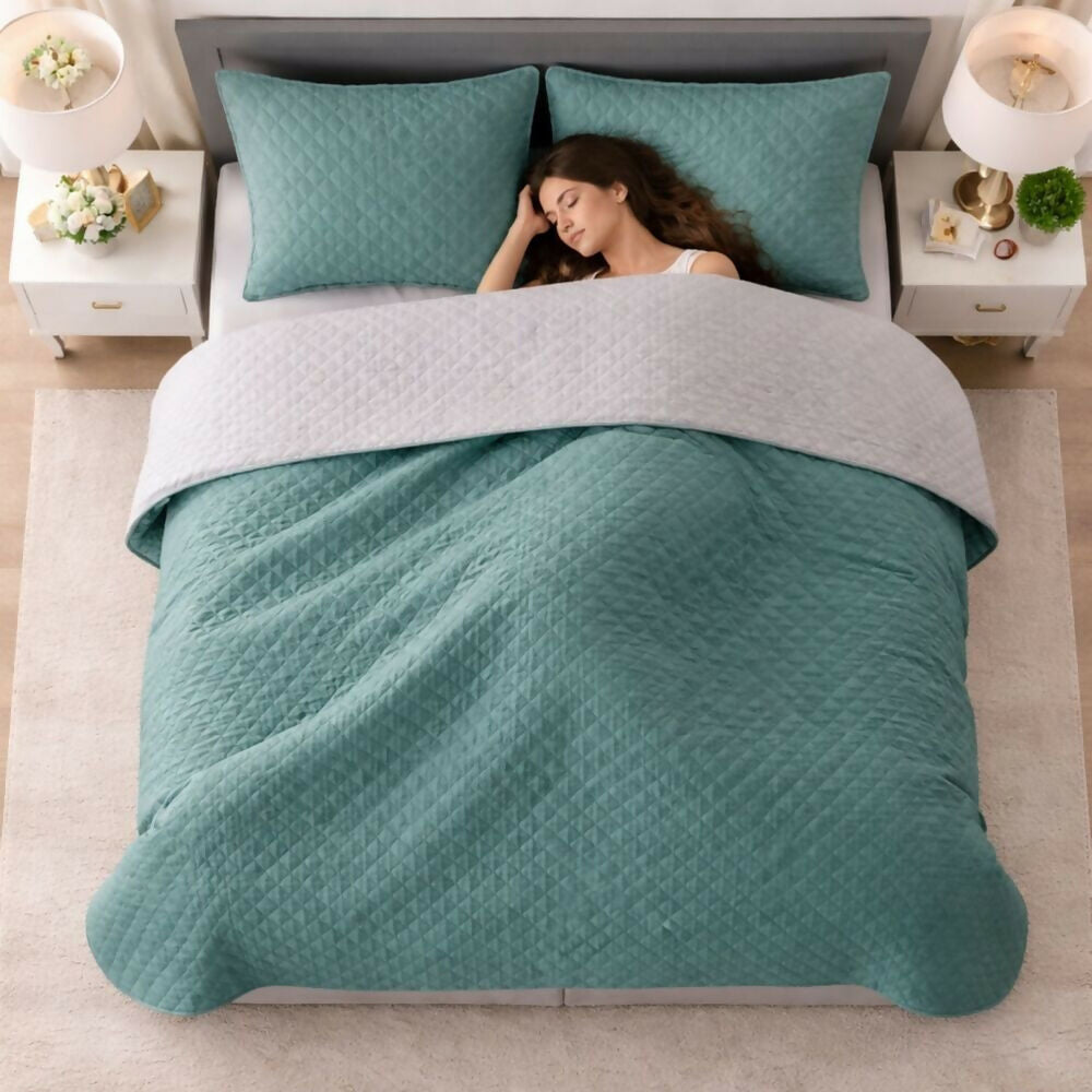 Colcha sencilla doble faz gris verde