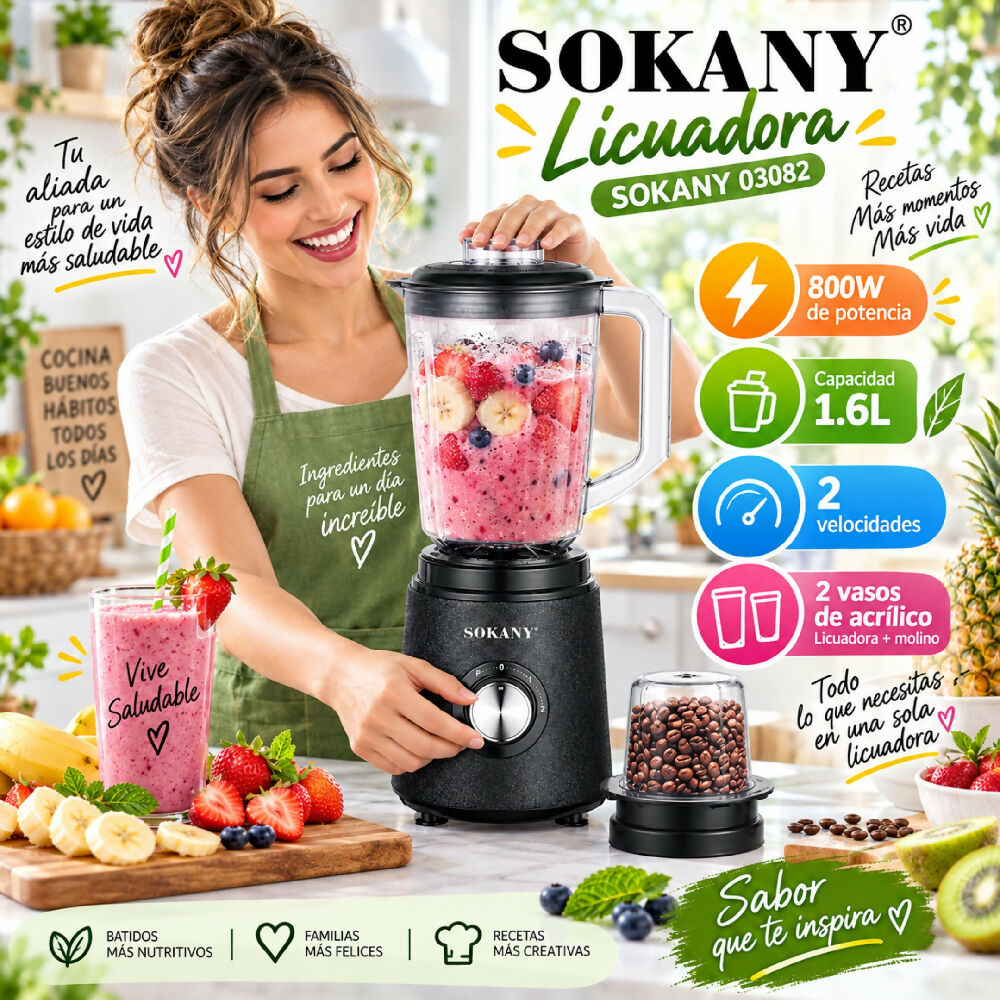 Licuadora Vaso De Alimentos Sokany 2 En 1 SK-03082 Alta Potencia Bebida 1,6L