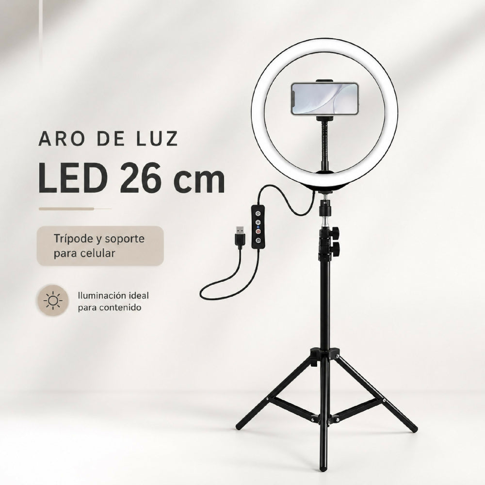 Aro De Luz Selfie De 26Cm Alimentación USB Con Soporte Ajustable Para Teléfono