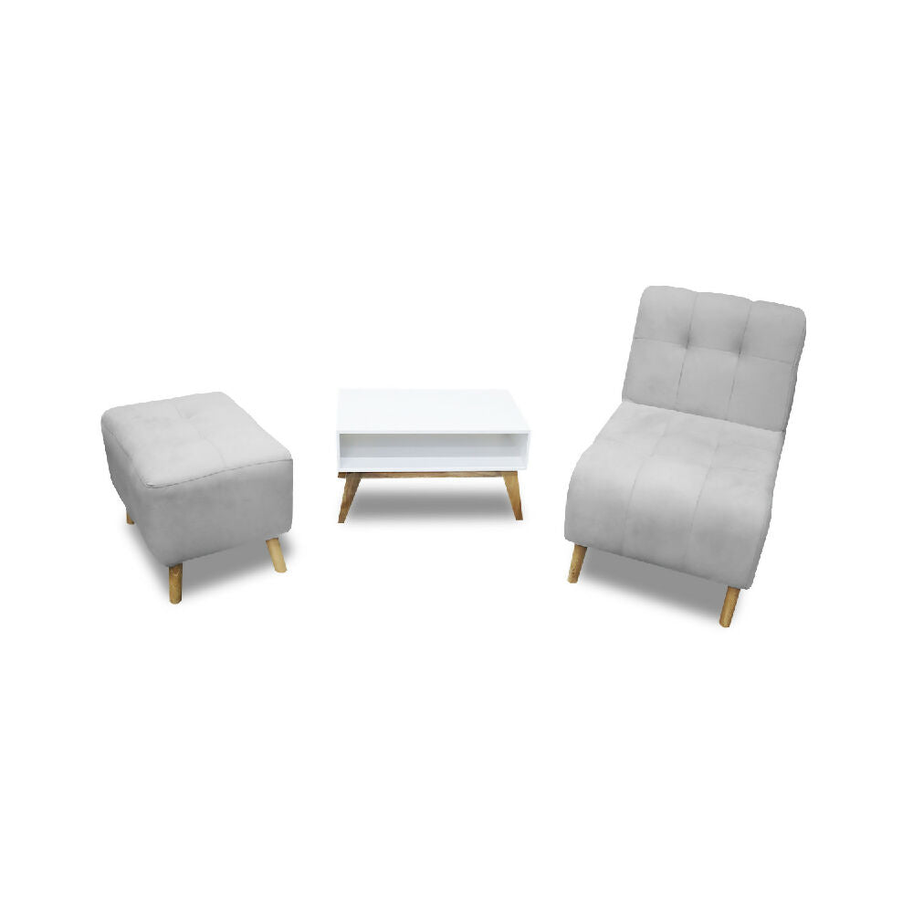 Combo Poltrona Milán Gris Plata + Puff + Mesa de Centro