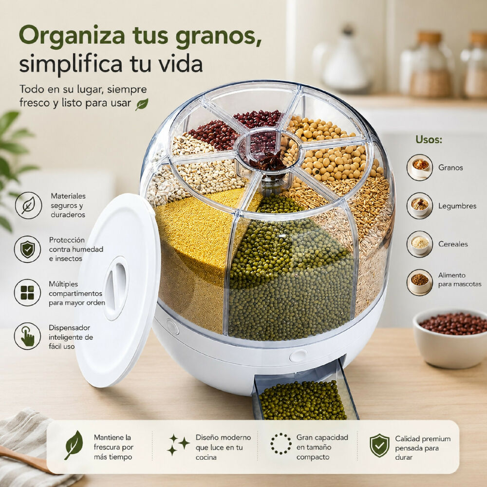 Dispensador De Granos Y Cereales Redondo Giratorio Organizador 360°
