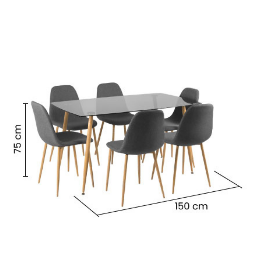 Juego de Comedor 6 Puestos Vidrio Oscuro Rudy Gris