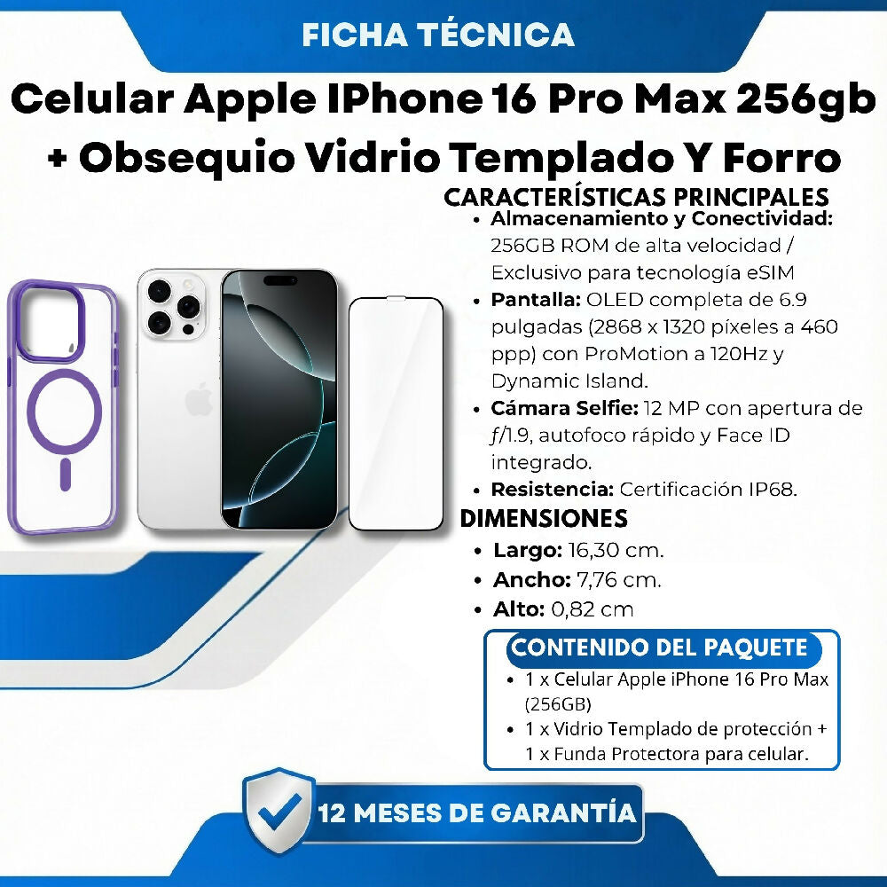 Celular Apple IPhone 16 Pro Max 256gb ESim + Obsequio Vidrio Templado Y Forro Blanco