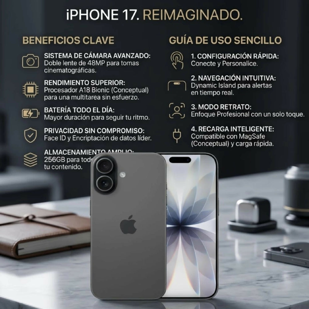 Celular Smartphone iPhone 17 256GB Almacenamiento Solo E-Sim Conectividad 5G Ultra Negro