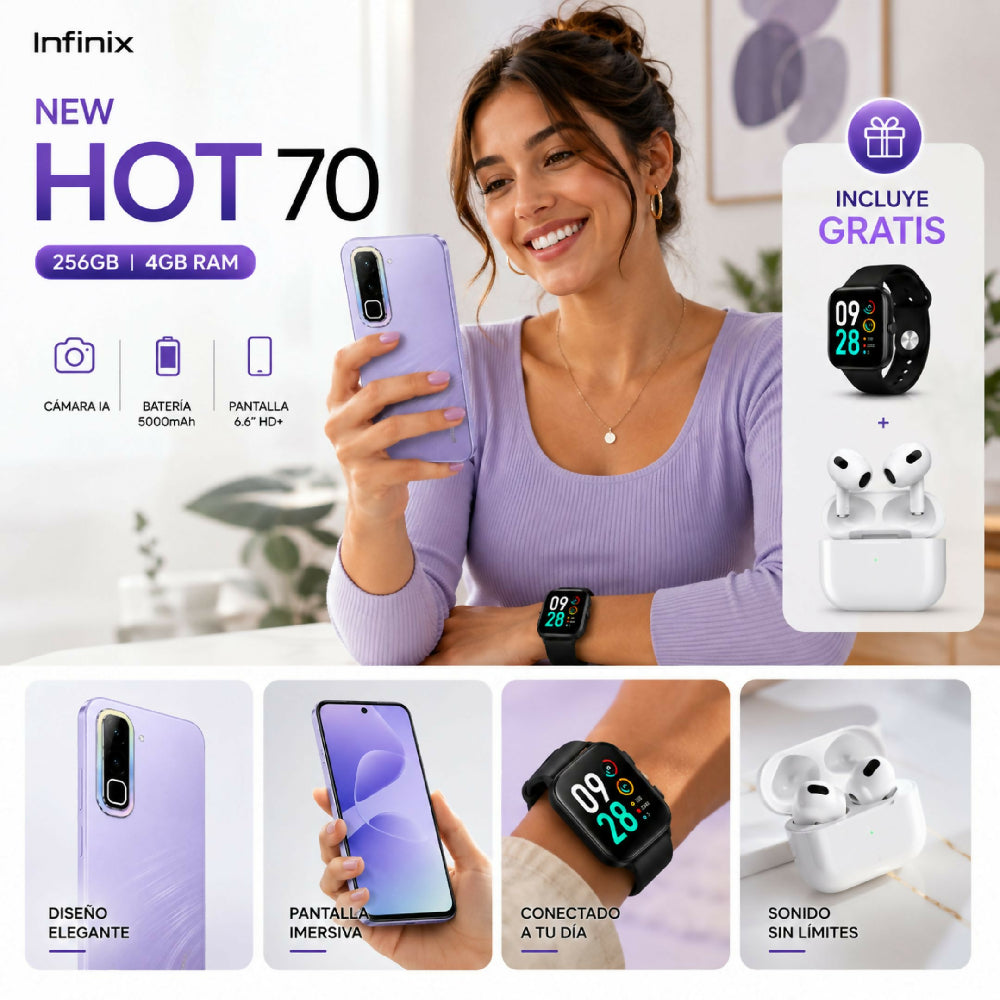Celular Infinix Hot 70 256GB 4GB RAM Morado + Obsequio De Audífonos Y Reloj