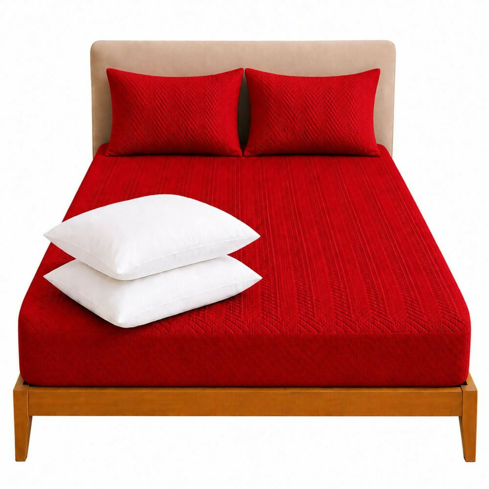 Combo protector colchon + 2 almohadas siliconadas doble rojo