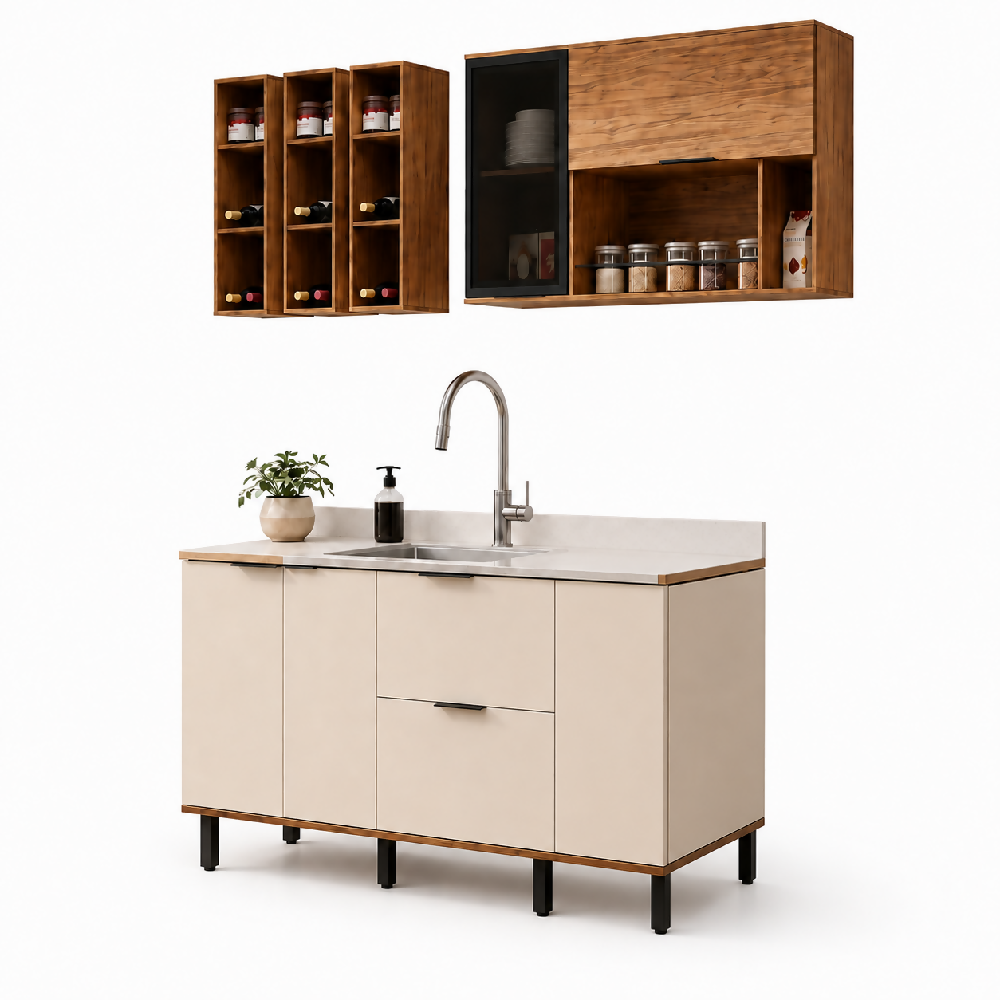 Cocina 180 cm Ibiza 3 Puertas 2 Cajones - Natural/Blanco Apagado