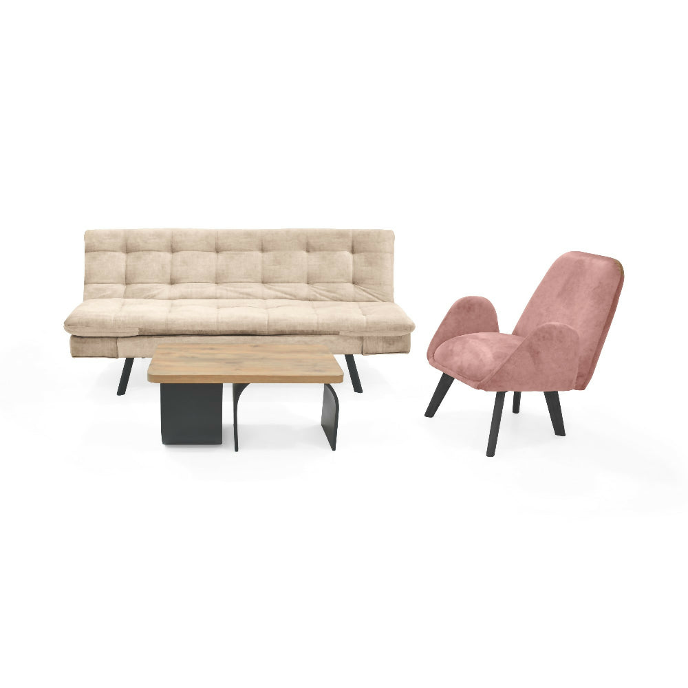 Set de Sala con Sofa Milan Tela Beige con Poltrona Sibu Tela Salmon y Mesa Centro Ark Macula