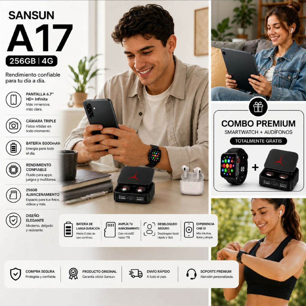 Celular Samsung A17 256GB 4G + Obsequio Audífonos Y Smartwatch Negro