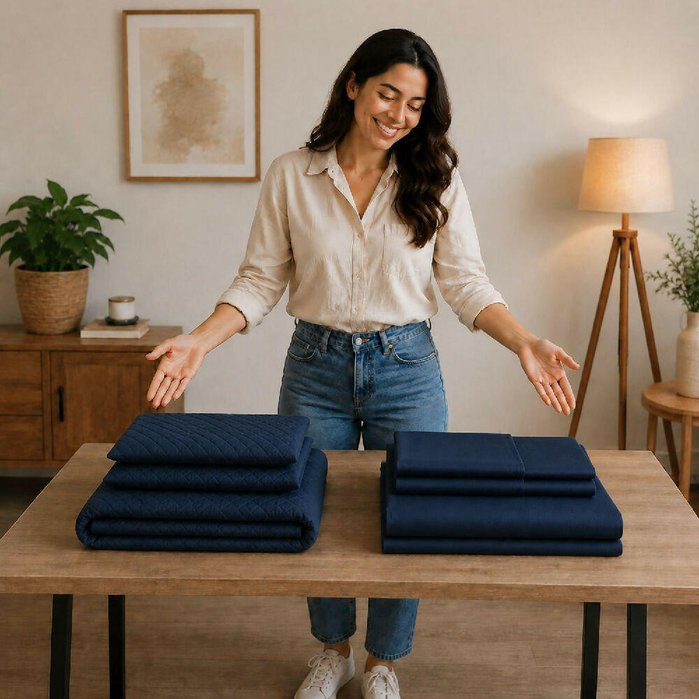 Combo protector colchon + Juego de sábanas doble azul
