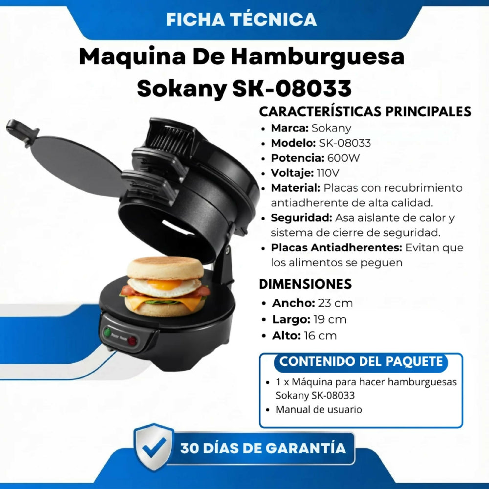 Máquina Para Hamburguesas Sokany SK-08033 De 800W Con Placas Antiadherentes